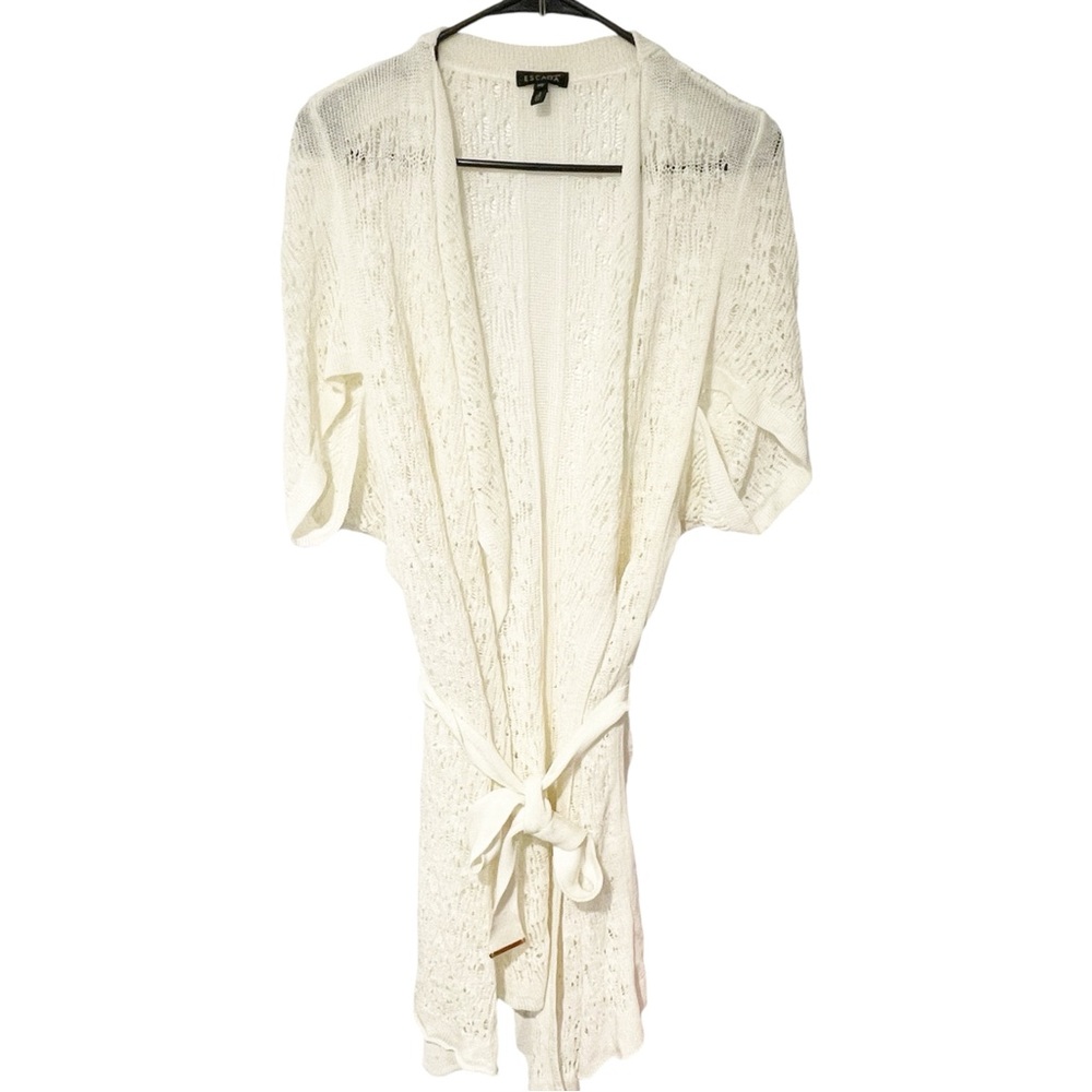 Escada Size XS‎ Cream Silk Blend Open Knit Short Sleeve Belted Cardigan Top